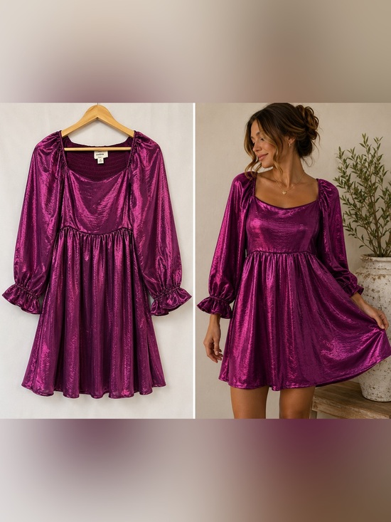 entro Dresses & Skirts - Entro Magenta Metallic Babydoll Mini Dress Size Medium‎ Puff Sleeve Party Glam